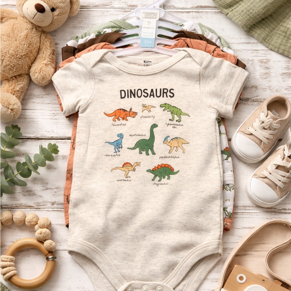 🦖 Dinosaur Onesie Set (5 Pack) | 0–3 Months | NEW in Bag